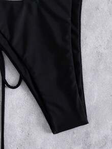 Bộ 3 món bikini mùa hè gợi cảm, màu trơn, có bèo nhún, hở lưng, dây rút, kèm váy lưới, thích hợp cho kỳ nghỉ biển. - màu đen - Xem 4