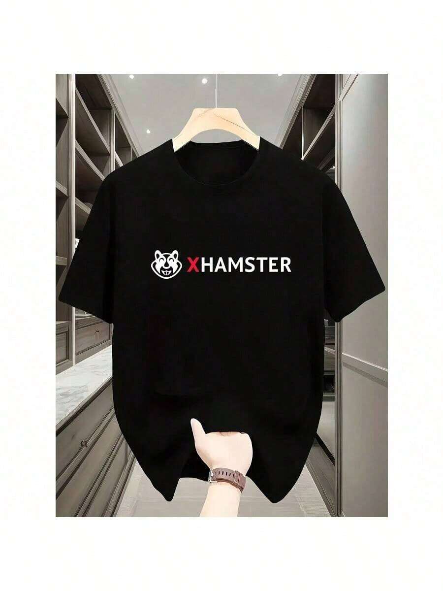 Xhamster Graphic T-Shirt For Men - Black Summer Casual Tee With White Text And Red Logo, Soft Polyester Blend, Crew Neck, Machine Washable, Bold Pattern Design, Soft Fabric Texture For Casual Wear, Versatile T-Shirt| Modern Casual Style| Polyester Blend Fabric - 黑色 - 查看 1