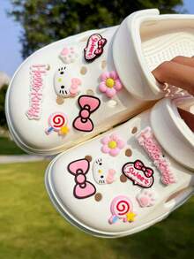 14pcs Sanrio Hello Kitty, Bow, Cat Paw, Lollipop Hollow Shoe Charms, Removable DIY Shoe Decorations Suitable For Slippers, Sandals, Beach Shoes, Beach Bags, Fashion Accessories, Great For Children's Day And Other Special Occasions