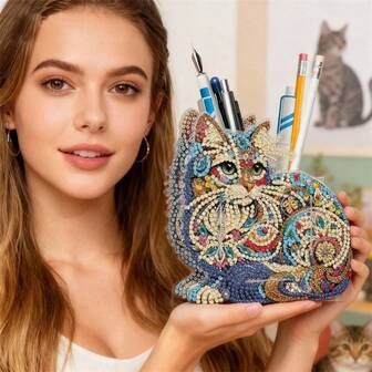 LaoJieYuan 2025 新款钻石画 DIY 手绘钻石棒笔筒动物新款双面点钻笔筒收纳工艺礼品 DIY 工艺品钻石艺术画钻石画钻石艺术钻石艺术画圣诞装饰万圣节装饰钻石艺术配件工艺用品卧室装饰