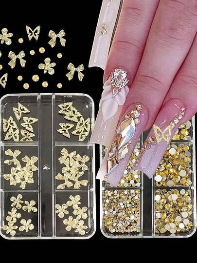 1/2 صندوق مجموعة ديكور فن الأظافر المرصع بالراين ذات 6 خانات، مجموعة بسيطة ومتعددة الاستخدامات على الطراز الياباني والكوري Y2K، ذهبي وفضي بتصميم فراشة مجوفة وزهرة خماسية البتلات وشريط، يمكن مطابقتها بحرية مع فن الأظافر في المنزل أو صالون الأظافر المحترف، ديكورات جمالية DIY