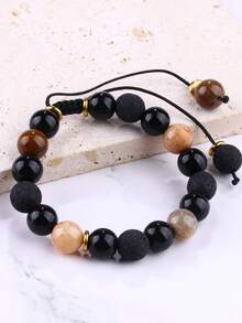 Natural Stone & Stainless Steel Beaded Bracelet, Woven Design, Fashionable & High-End, Luck Charm, Gift For Boyfriend