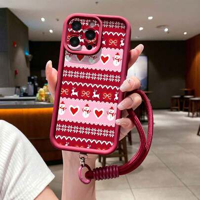 1 pezzo Cinturino circolare per polso di colore rosso vino + 1 pezzo Custodia protettiva per telefono in rosso vino, spessa e antiurto, con elementi natalizi di pupazzo di neve e cervo, adatta sia per uomo che per donna, scelta ideale per gli appassionati di moda, semplice ed elegante