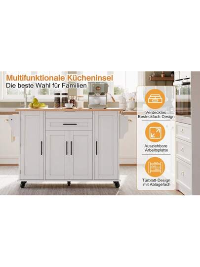 120*45cm, Mobile Kitchen Isl Trolley, Worktop Extends Up To 70cm, Hidden Cutlery Drawer, Adjustable Shelves, Spice Rack Towel Holder, Kitchen, Dining Room Or Living view 11