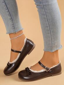 Elegant Women's Flat Shoes With Bowknot Metal Buckle Design, Ballet Mary Jane Flats, Suitable For Spring/Autumn Outdoor Travel And Party/Music Festival, Cute Fairy Princess Shoes - 咖啡棕 - 查看 5