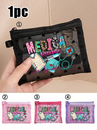 Bolsa de malla portátil mini con impresión de letras "Medicina" y patrón de aguja y estetoscopio de dibujos animados, botiquín de primeros auxilios, organizador de kits médicos de emergencia para uso doméstico y al aire libre, bolsa de almacenamiento de medicamentos y píldoras para viajes, bolsa de maquillaje, bolsa de cosméticos, organizador de vacaciones, bolsa de cuidado de la piel, bolsa de almacenamiento de aceite labial, regalo del Día de la Madre, regalos de cumpleaños, almacenamiento de baño, bolsa de lavado de dormitorio estudiantil, regalo para esposa, familia, amigos, regalos de Navidad, bolsa pequeña, organizador de maquillaje, mini bolsa, bolsa de gran capacidad, regalos de Navidad, ideas de regalo para mujeres
