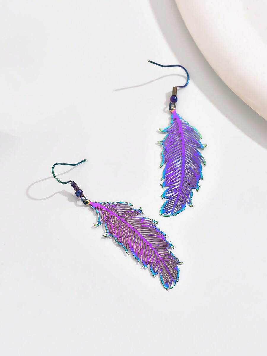 1 par de pendientes con colgante de pluma hueca y colorida, joyería casual de fiesta para mujeres