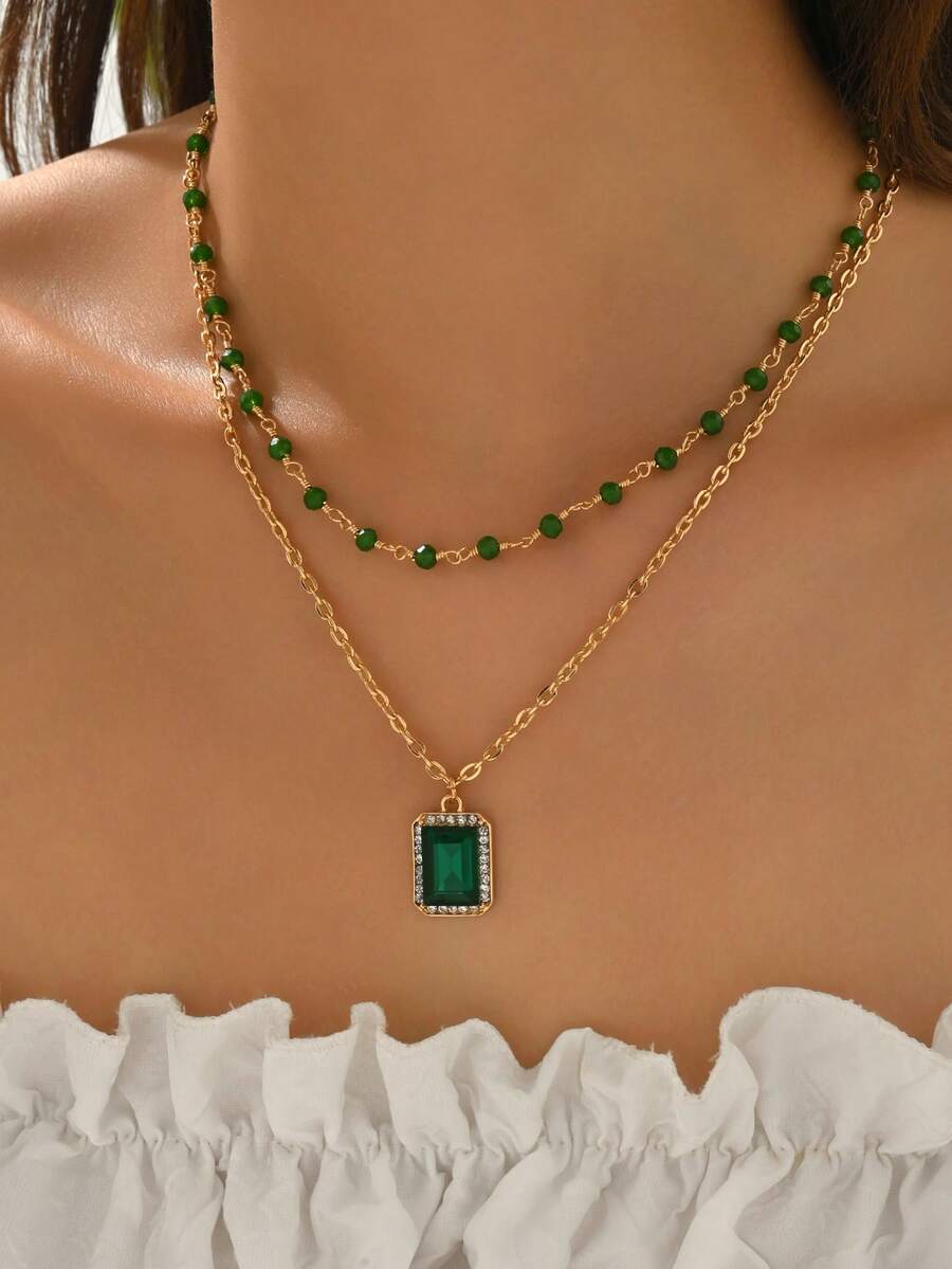 2 件套奢华金色手工链式项链，带水钻吊坠，时尚百搭女士颈链，适合日常佩戴、约会、派对、音乐节 - 彩色 - 查看 1