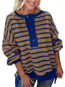 Womens Loose Fit Striped Henley Waffle Knit Pullover Casual Sweatshirt Tops - 咖色 - 查看 5