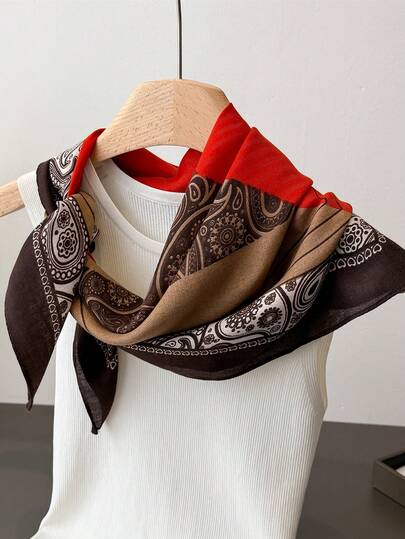 1 件人字形图案腰果花卉印花领带方形围巾时尚亚麻仿天鹅绒围巾沙滩披肩发带手提包头巾头巾适合假日办公室旅行配饰。