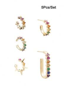 5 Pcs/Set (For 1 Side Ear) Earrings Set For Women Gold Plated Zirconia Rainbow Ear Stud Hoop Earring Women Elegant Jewelry Accessories - 5 Pcs/Set - View 5