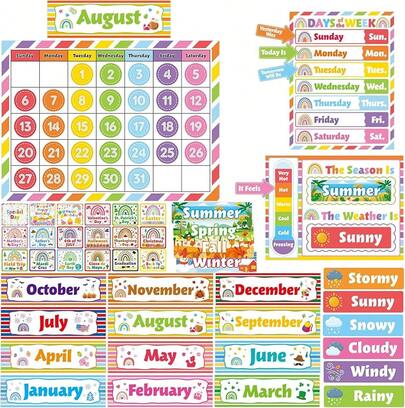 Colorful Classroom Calendar Bulletin Board Set Stripes School Calendar Bulletin Board Set Classroom Decoration With Hook And Loop Stickers