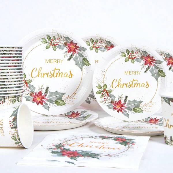 Platos, servilletas, vasos desechables con tema navideño de flor roja y hoja verde "Feliz Navidad", suministros para fiesta para 30 invitados, vajilla de papel desechable adecuada para cumpleaños, boda, fiesta, picnic familiar