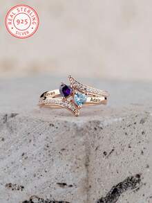 A Bespoke 925 Sterling Silver Ring, Set With Your Birthstone And Engraved With Your English Name. Laser-Etched Name, Heart-Shaped Birthstone Promise Ring, Double-Name Engraved Ring, Christmas Gift, Handcrafted Jewellery. - Multicolor - View 7