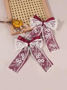 2 piezas Clips de lazo para el cabello con tema navideño color borgoña para niñas, diadema con diseño de encaje de estampado floral, decoración para el cabello para el festival de Navidad para adolescentes - Multicolor - Ver 4