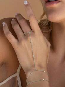 1pc Stainless Steel Double Layer Cross Ball Chain Finger Ring Bracelet, Tarnish Resistant (Random Bead Quantity) - Silver - View 2