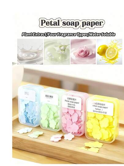 1 Pack Portable Disposable Petal Soap Sheets, Mini Travel Antibacterial Scented Soap Bars, 4 Plant-Derived Fragrances, Rich Lather For Convenient Cleansing