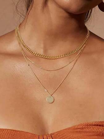 2pcs Round Disc Pendant Triple Layer Chain Necklace, Fashion Minimalist Flattened Disc Pendant Cubian Chain Triple Layer Necklace, Delicate Luxury Unique Personalized Versatile Necklace Suitable For Girls And Women