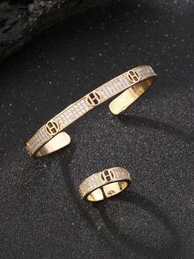 1 Set H-Initialen Damen Armband & Ring Set, Damen Schmuckset, vollständiges Diamantdesign, eingebetteter super glänzender kubischer Zirkonia, Alltagsschmuck, Geschenk für Freundin, Halloween Schmuck, Weihnachtsgeschenk