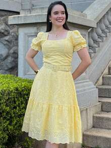 LESE MIDI PLAIN DRESS ELEGANT CASUAL FASHION WOMEN'S DRESS - Yellow - View 4