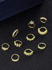 10Pcs Multi-Piece Fashion Versatile Silver, Gold & Rose Gold-Toned Cubic Zirconia Inlaid Floral, Feather Detail Nose Ring Set Unisex For Daily & Festival Celebration