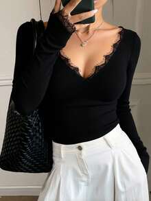 Livesso Women's V-Neck Lace Patchwork Slim Fit Long Sleeve Casual Sexy Sweater Fall - Black - View 6