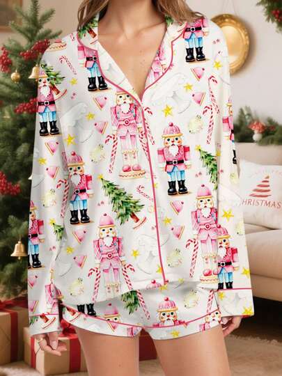 Women 2 Piece Christmas Pajama Set Printed Long Sleeve Button-Up Tops And Elastic Waist Shorts
