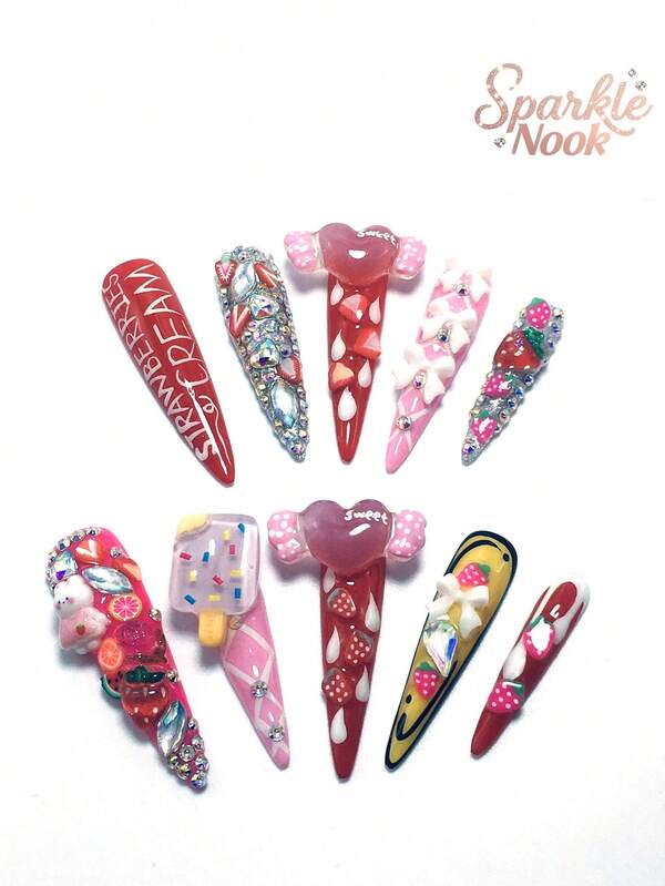 Jeder Set besteht aus 10 Stücke handgefertigten feinen Acryl-Nagelplatten im Y2K-Stil mit Hochabsätzen, im französischen Stil mit Strass, Schleifen, Herzen und Hasendekorationen, in verschiedenen Tönen und Nude-Farben erhältlich. 3 Größen zum Anpassen, geeignet für Partys, Tänze und den täglichen Gebrauch, inklusive Nagel-Set, ideal als Geschenk für Pressaufsatz-Nägel für Damen und Mädchen.