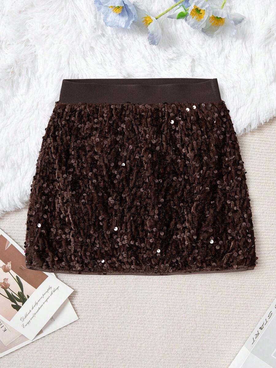 Girls' Fashionable Sequin Mini Skirt, Suitable For Parties And Gatherings (Y0847) - Brown - View 1