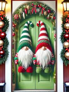 1 Stück Paar rot-grün gestreifte Mützen-Gnomen Muster 2D Weihnachtstür Abdeckung, festlicher Polyester Tür-förmiger Hängedekoration mit lebendigen gestrickten Mützendetails, flauschigen Handschuhen & gemütlichen Stiefeln, waschbar für Innen- und Außenbereich, perfekt für Weihnachtstür Dekoration, um eine fröhliche Stimmung zu Weihnachtspartys beizutragen, ideal für Weihnachtsfeiern und winterliche festliche Wohndekoration