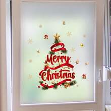 1 pieza Decoración de ventana navideña - Pegatina de ventana autoadhesiva con texto "Feliz Navidad", árbol verde, acentos rojos y dorados - Película de PVC removible sin residuos para puertas de vidrio, ventanas, espejos - Decoración del hogar para fiestas navideñas
