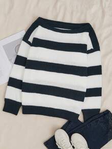 Plus Size Striped Knit Long Sleeve Pullover Sweater - Blue Stripes - View 5