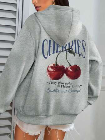 Plus Size Cherry Letter Print Casual Long Sleeve Hoodie Sweatshirt, Autumn/Winter