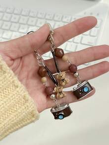 1pc Retro Camera Beaded Phone Lanyard, Creative Keychain Pendant Accessory - Multicolor - View 2