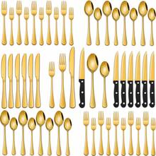 Golden 48 Pieces Silverware Sets With Steak Knives Service For 8 Persons,Stainless Steel Tableware Eating Utensils Set,Knife And Spoon Fork Flatware Sets For Restaurant And Hotel - 金色 - 查看 8