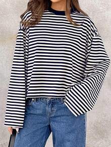 SOLTRB Damen Lässig Koreanischer Stil Locker Gestreiftes Kontrast Farbiger Saum T-Shirt, Alltägliches Tragen