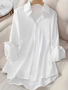 Women's Solid Color Shirt | Turn-Down Collar Button Long-Sleeve, Basic Versatile Fit For Daily Outings & Office Commute