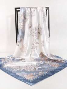 1pc Beige Vintage Printed Lady's Silk Scarf, Soft & Elegant Headband For All Seasons, Multi Purpose Large Square Scarf 90x90cm, Perfect Gift Bandana,Hair Band,Head Band Ideal For Dressing Up Your Look - 淺藍色 - 查看 1