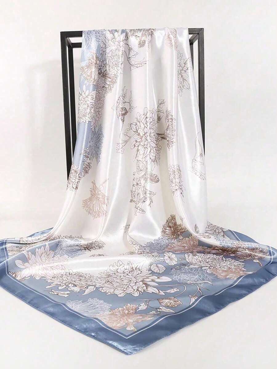 1pc Beige Vintage Printed Lady's Silk Scarf, Soft & Elegant Headband For All Seasons, Multi Purpose Large Square Scarf 90x90cm, Perfect Gift Bandana,Hair Band,Head Band Ideal For Dressing Up Your Look - 淺藍色 - 查看 1