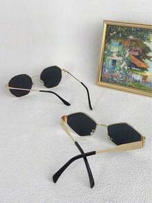 2pcs Women Vintage Fashion Glasses Frame Summer Metal Oval And Hexagonal Rhombus New Fashion Glasses Everyday Y2K Style For Beach, Vacation, Outdoor, Travel, Winter - 2 peças - Xem 3