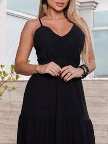 Women's Long Casual Loose Dress With Straps - Black - View 3