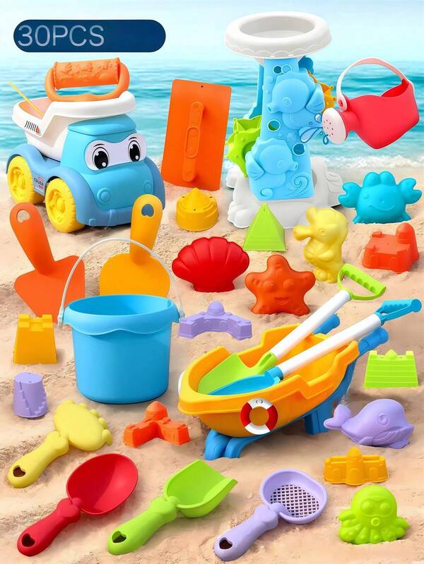Conjunto de brinquedos de praia de verão para crianças, 8/16/20/30 peças, carro de praia, balde de praia, pá de areia, parque aquático ao ar livre, ferramentas para escavação de areia e brincadeiras aquáticas à beira-mar, adequado para crianças de 3, 4, 5 e 6 anos, presentes interativos para pais e filhos, meninos e meninas, crianças felizes em brincar, brinquedos de areia e água