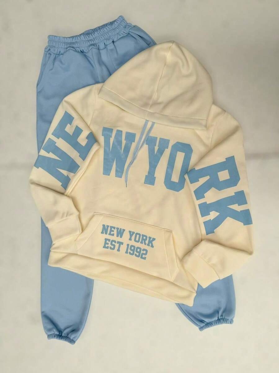 2 pack conjunto Sudadera hoodie con pantalon jogger pants mujer dama bolsillo canguro gorro capucha estampado grafico nombres de ciudades NEW YORK estilo americano juevnil moderno casual caliente frío uso diario | buena calidad | Textura Suave - Azul - Ver 1
