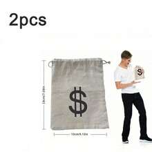 2pcs Halloween/Valentine's Party Gift Euro Design Drawstring Canvas Storage Bags, Costume Money Pouch Props Suitable For Thieves, Cowboy Role Playing Theme Party Organizers - White - View 3