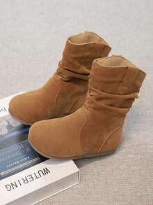 1 Pair Girls Tan PU Thermal Lined Slouch Boots Slip-On Comfortable Winter Daily Wear For Big Kids - Camel - View 3