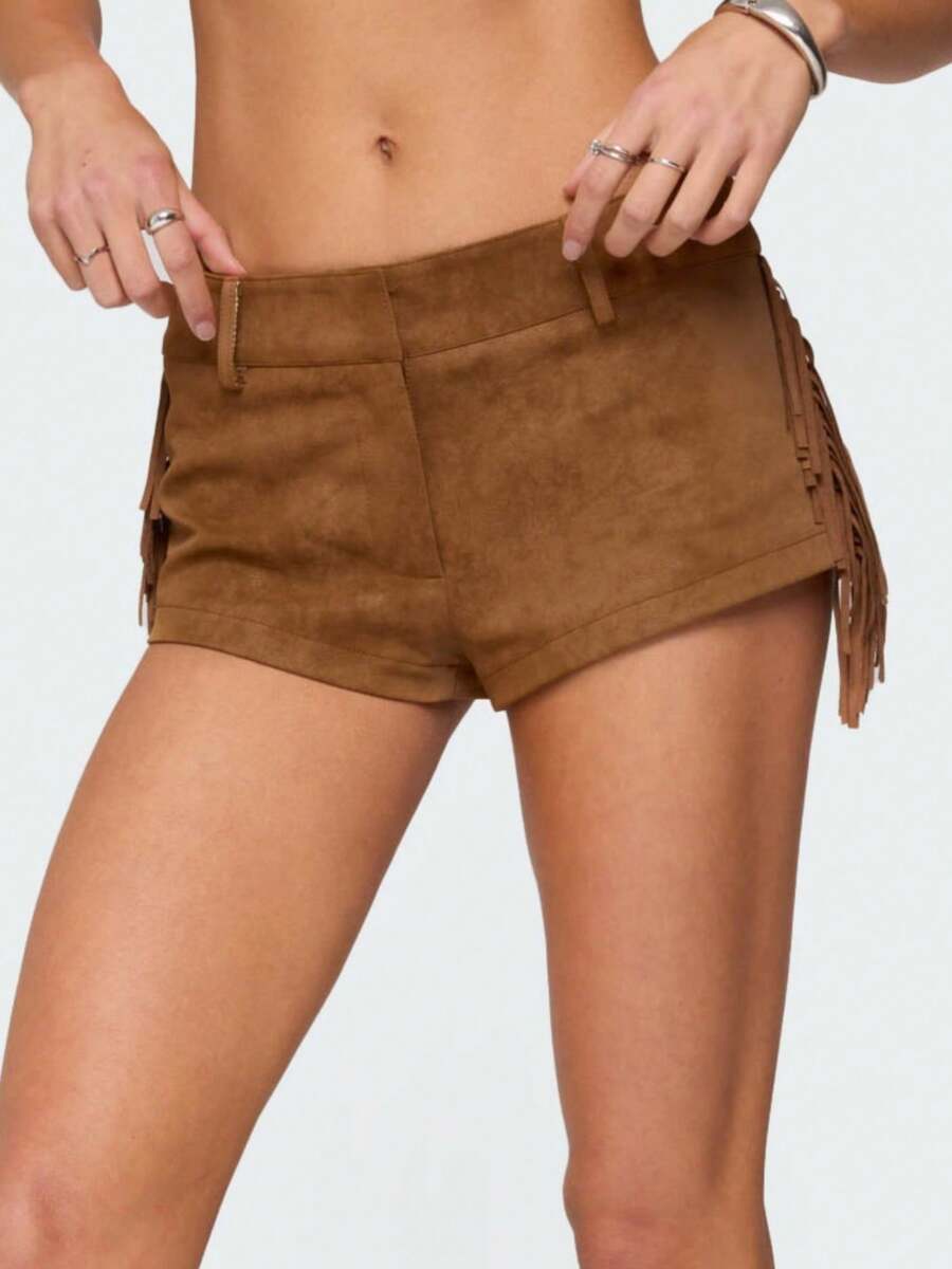 Western Tassel Trim Shorts Rodeo Fringe Suedette Shorts For Women Vintage Mid Rise Mini Shorts Slim Fit Shorts Party Club Fringes Shorts Cowgirl Outfit - Màu Khaki - Xem 1