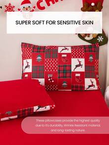 2 fundas de almohada con estampado de renos y calcetines navideños a cuadros, sin relleno, suaves y transpirables, adecuadas para Navidad y uso diario en la sala de estar, dormitorio, sofá, decoración del hogar, funda de almohada para el coche, lavable a máquina. Para ropa de cama del hogar y artículos esenciales para dormitorio, certificado Oeko-Tex.