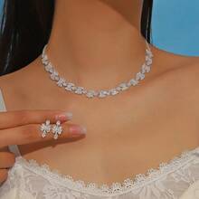 豪華時尚女士珠寶套裝，鑲有水晶鑽石項鍊和耳環，適合新娘、派對、儀式和日常佩戴 - 銀色 - 查看 5