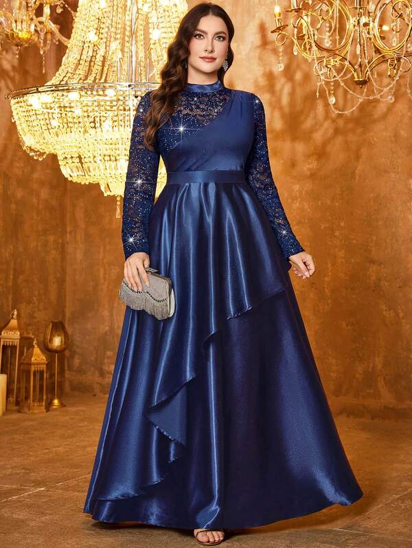 Plus Elegant Sequin Lace Contrast Double Layer Satin Ruffle Hem Prom Formal Evening Party Dress, Wedding Guest Gown, Fall Dress, Winter Dress, For Birthday, Graduation, Dinner