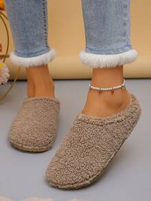 Ciabatte casual da donna taglie forti 36-43, colore unito con fodera in morbido pile, pantofole da casa con suola piatta e senza lacci, pantofole termiche imbottite per l'inverno